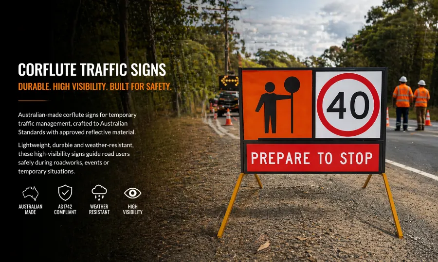 Corflute traffic signs in sign frame at roadside worksite with traffic control setup