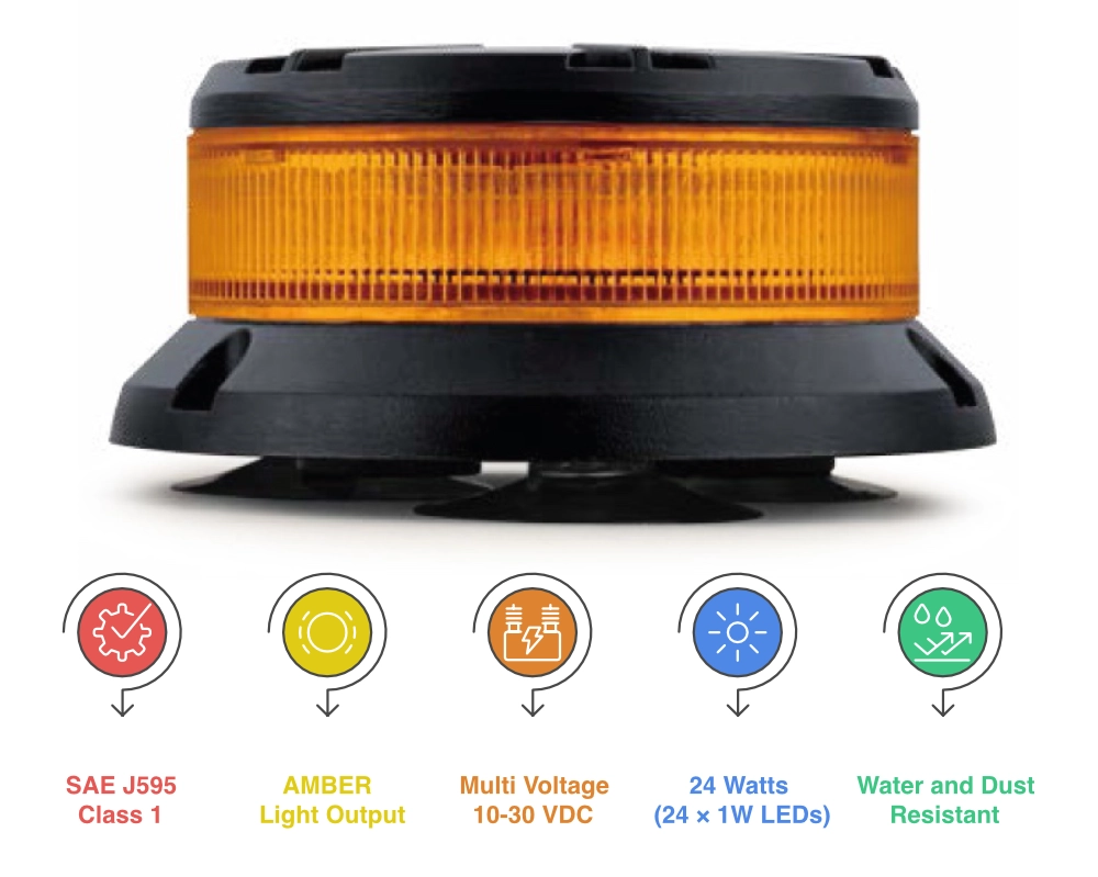 FD24 Mini 24W Amber LED Warning Beacon with magnetic and suction cup base
