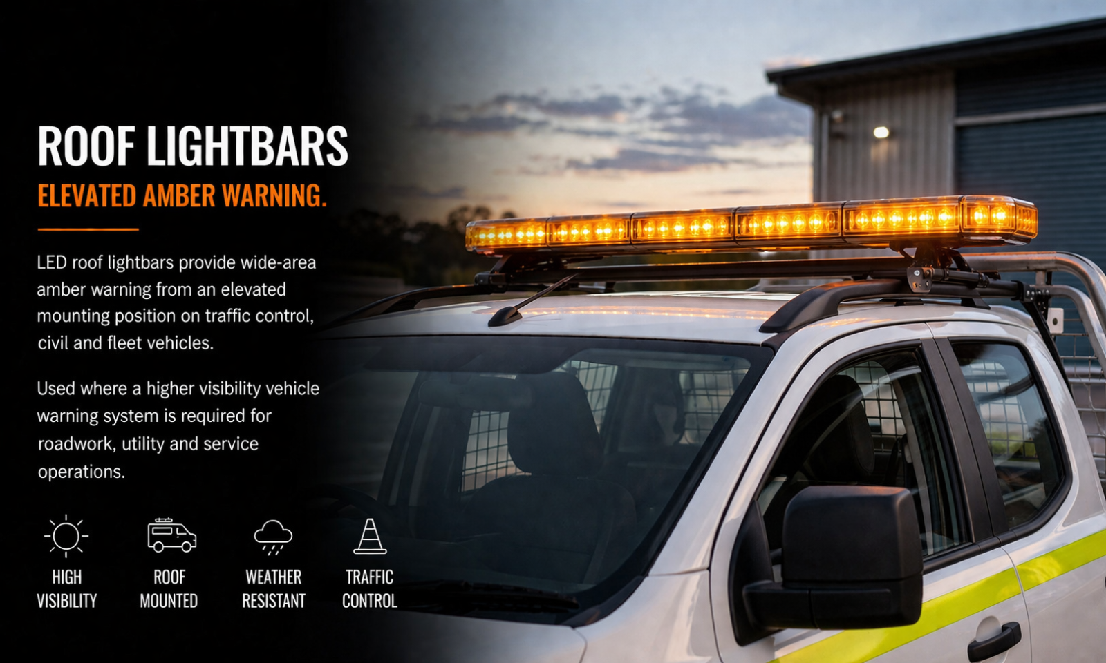 Amber LED roof lightbar mounted on traffic control vehicle for elevated vehicle warning