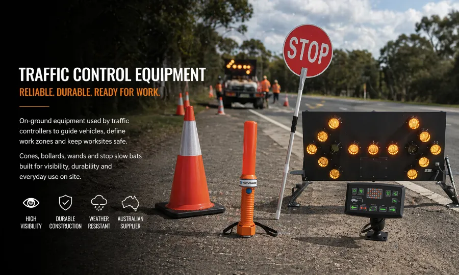 Traffic control equipment at roadside including cones, stop bat, wand and arrow board setup