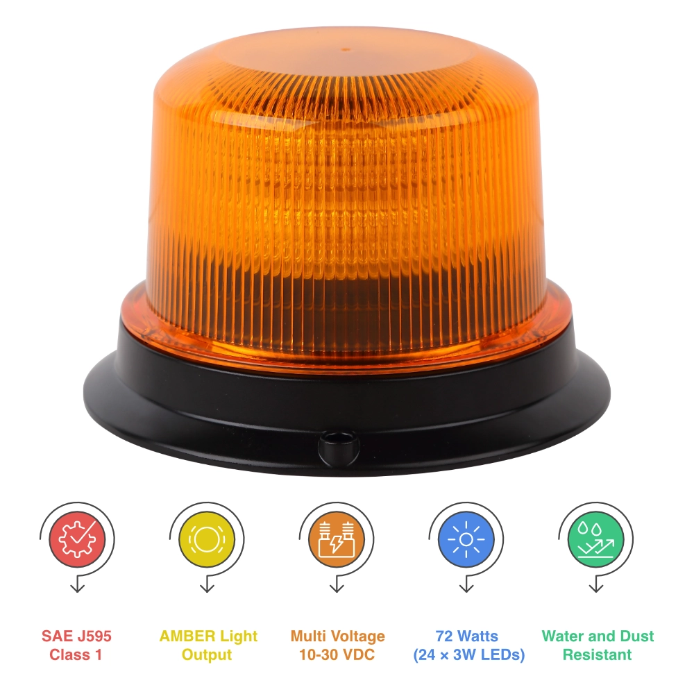 U1-24 72W LED Amber Warning Beacon with replaceable amber lens and metal base