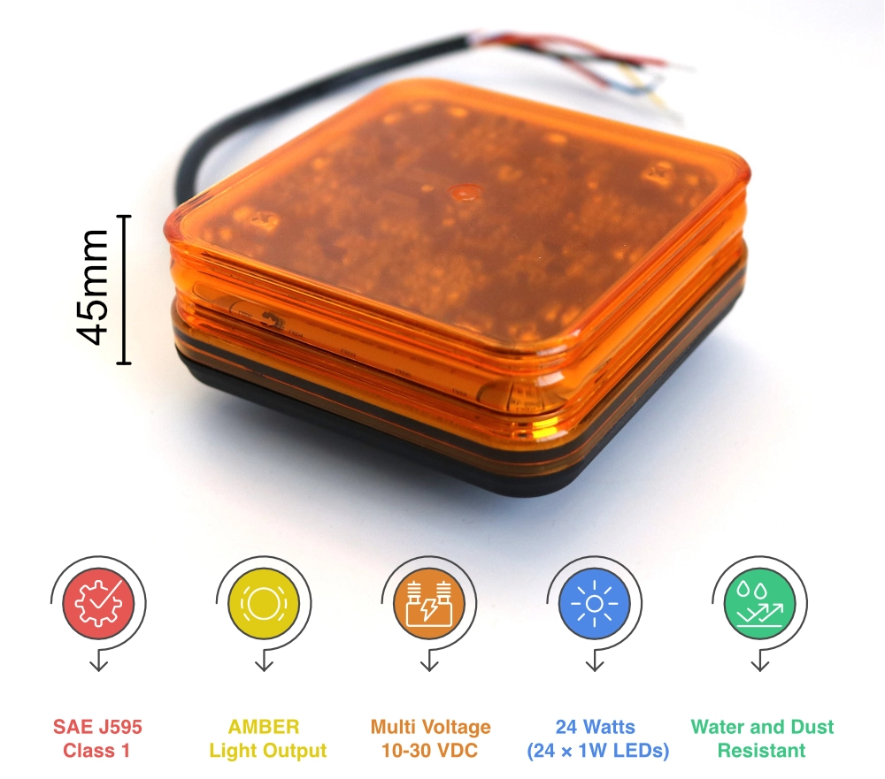 U3-24 Compact Amber LED Beacon with square aluminium base and polycarbonate lens