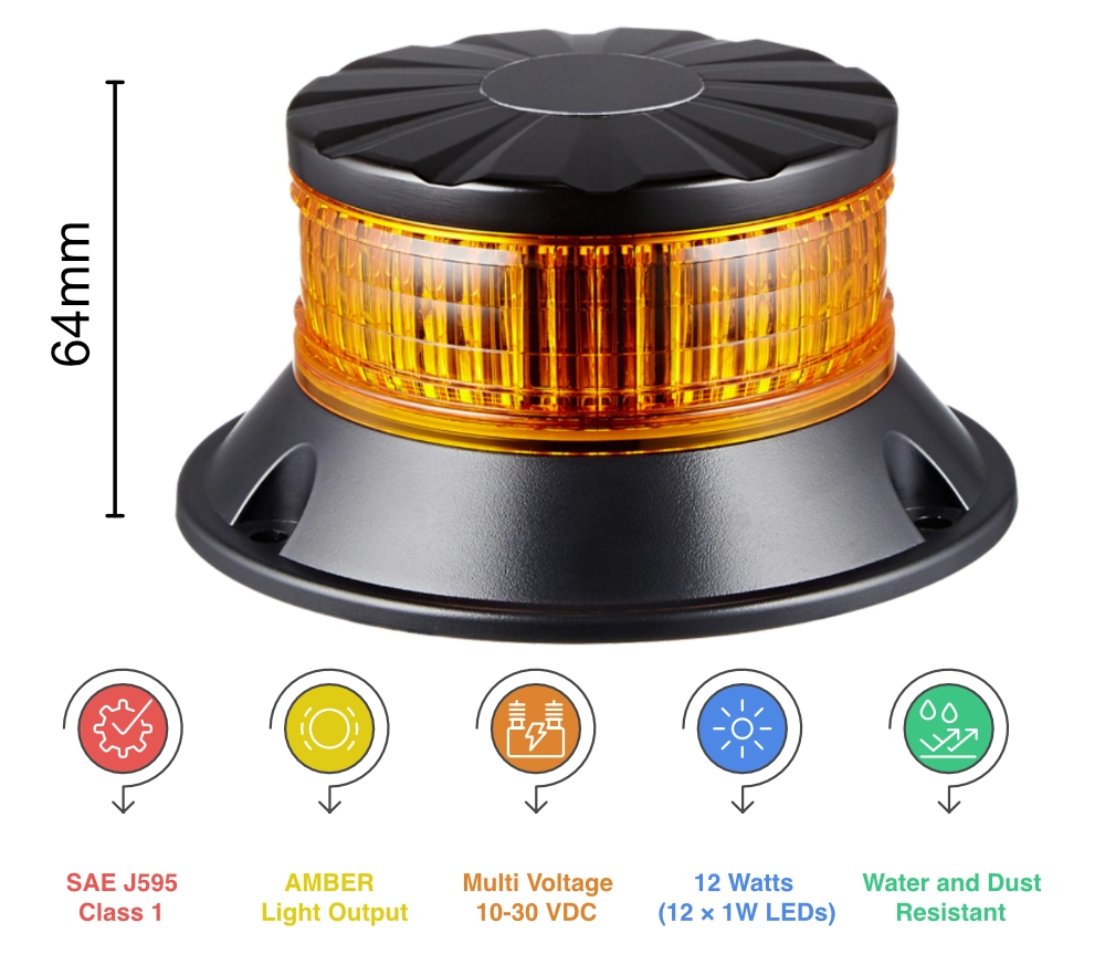 U4-12 Amber LED Beacon with round low-profile design and aluminium base