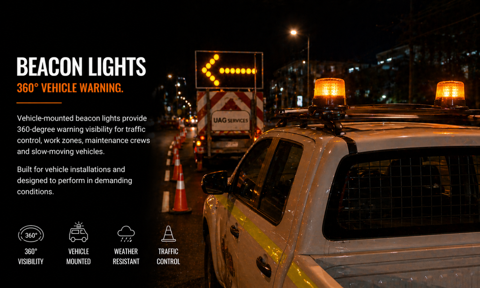 Vehicle-mounted amber beacon lights on traffic control vehicle at roadwork site