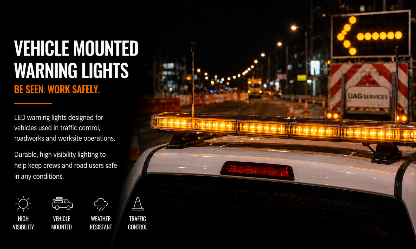 Vehicle-mounted amber warning light bar on traffic control vehicle at night roadwork setup