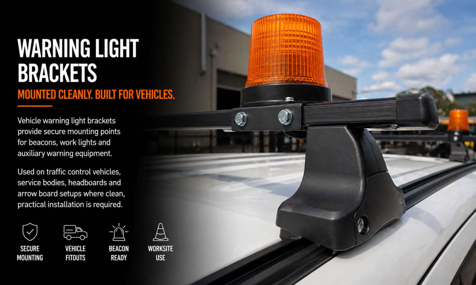 Amber beacon mounted to roof rack bracket on traffic control vehicle